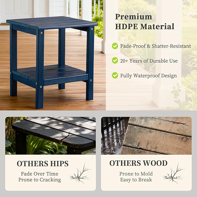 Outdoor Side Table, Double Layer Small Side Tables,All Weather Adirondack Side Table, Waterproof Outdoor End Tables for Patio, Pool, Porch (Navy Blue)