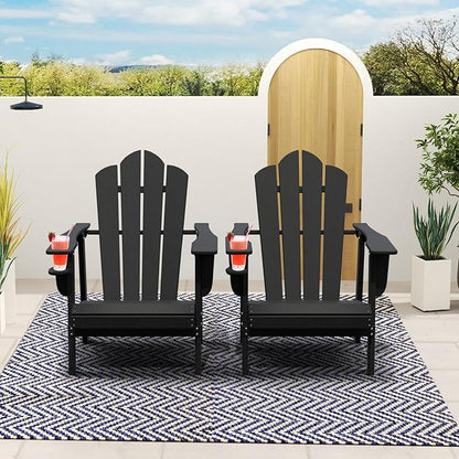 PROHIKER Adirondack Chair Set of 2, HDPE Outdoor Patio Chair with Cup Holder All Weather Outdoor Chairs for Lawn Garden Porch Backyard, Plastic, Black