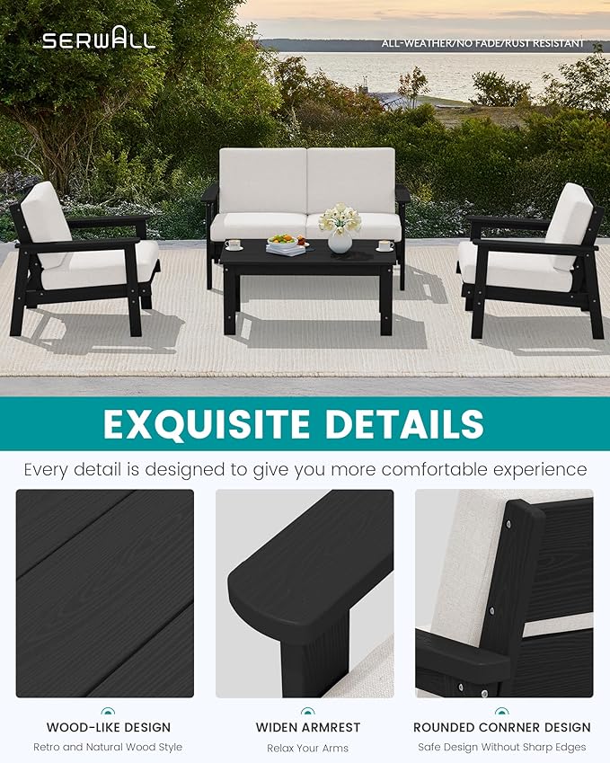 SERWALL HDPE Outdoor Patio Loveseat, All Weather Wood-Like Outdoor Sofa HDPE Outdoor Furniture - Photo 7
