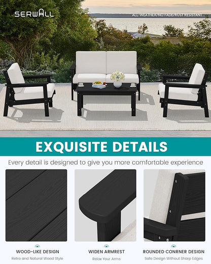 SERWALL HDPE Outdoor Patio Loveseat, All Weather Wood-Like Outdoor Sofa HDPE Outdoor Furniture, Black Frame and Khaki Cushion