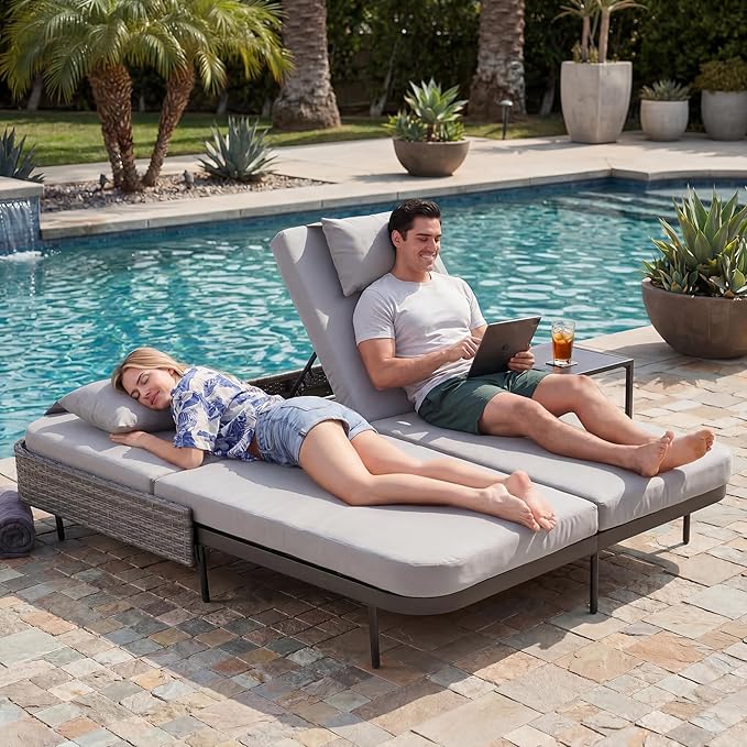 NICESOUL Double Chaise Lounge Outdoor, 51.2" Wide 2-Person Daybed with Independent Recline - Photo 1