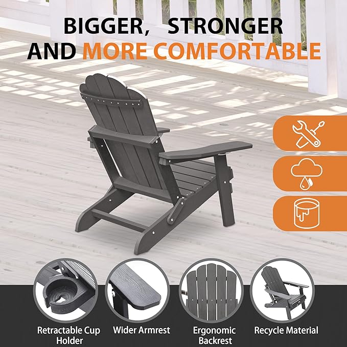 Clihome Outdoor Adirondack Chair Folding Lounge Chairs for Outside Patio Chairs Lawn Chair Plastic Adirondack Chairs for Yard, Garden
