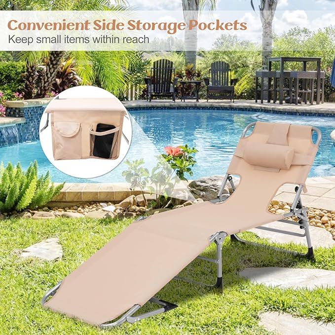 GYMAX Tanning Chair, Folding Lounger with Face/Arm Holes, Carry Handles & Side Pocket - Photo 3
