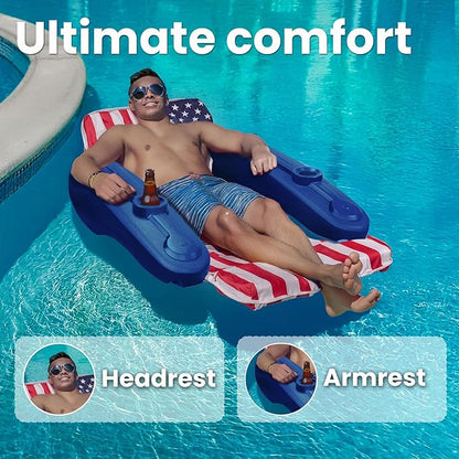XtremepowerUS Floating Chaise Pool Lounger USA Patriotic Padded Large for Adults Headrest, Backrest, Footrest & Cupholder (American Flag)