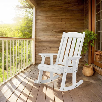 VINGLI Outdoor Rocking Chair, Heavy Duty 600 LBS Wooden Rocking Bench with Comfortable Backrest, Weatherproof Patio Rocker with Ergonomic Design, Wood Rocking Chair for Patio, Garden (White, 1PC)