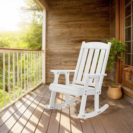 VINGLI Outdoor Rocking Chair, Heavy Duty 600 LBS Wooden Rocking Bench with Comfortable Backrest, Weatherproof Patio Rocker with Ergonomic Design, Wood Rocking Chair for Patio, Garden (White, 1PC)