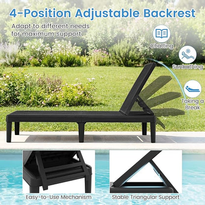 Tangkula Outdoor Chaise Lounger Chair, 4-Position Reclining Chair with Waterproof Rattan Textured PP Surface, 330 lbs Capacity & Easy Assembly for Pool Garden Deck Beach (1,Black)