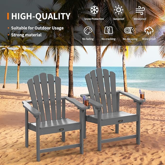 VINGLI Plastic Folding Adirondack Chair with Cup Holder, 100% Recyclable HDPE Material, Comfortable 380lb Weight Capacity for Outdoor Pool Patio Lounge Chair Lawn Furniture Fire Pit, 4 Pack,Gray