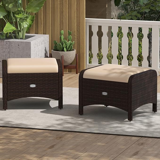 RELAX4LIFE Wicker Outdoor Ottomans for Patio - Set of 2 Rattan Footstools w/Removable Cushions - Photo 2