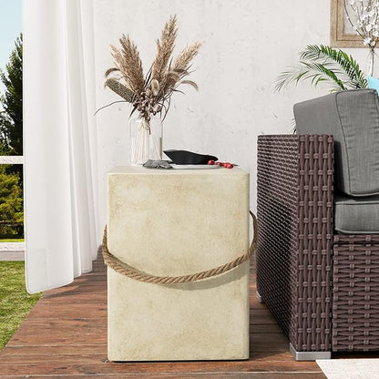 SUNBURY Outdoor Side Table Set of 2, 2 Pieces Concrete Side Table for Patio,18"H Small Outdoor Accent Table w Hemp Rope, Patio Side Table End Table Warm Gray, Ceramic Side Table Garden Stool Log Table