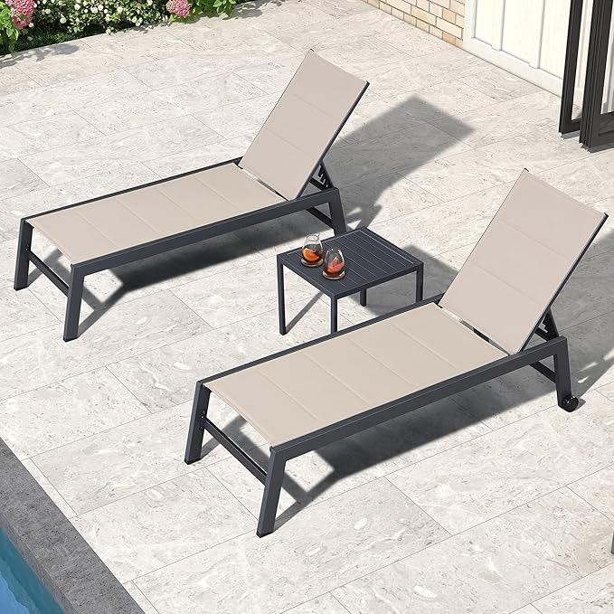 PURPLE LEAF Outdoor Patio Chaise Lounge Chair Set of 2 Chair with Rolling Wheels Lounge Chair for Patio Pool Garden Beige