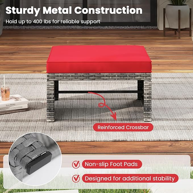 RELAX4LIFE Wicker Outdoor Ottoman Set of 2 - Rattan Footstools Foot Rest w/Removable Cushions, Multipurpose Side Table & Additional Seating, Outdoor Ottomans for Patio Garden Porch (Grey-Red)