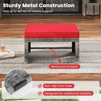 RELAX4LIFE Wicker Outdoor Ottoman Set of 2 - Rattan Footstools Foot Rest w/Removable Cushions, Multipurpose Side Table & Additional Seating, Outdoor Ottomans for Patio Garden Porch (Grey-Red)