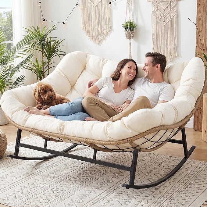 NICESOUL Oversized Double Rocking Papasan Chair with Thick Cushion, 2 Person Big Wicker Outdoor Comfy Recliner, Extra Large Heavy Duty Egg Loveseat for Patio, Balcony, Backyard, Garden, Beige