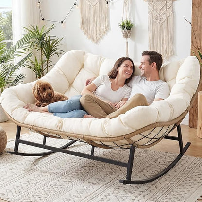 NICESOUL Oversized Double Rocking Papasan Chair with Thick Cushion, 2 Person Big Wicker Outdoor Comfy Recliner, Extra Large Heavy Duty Egg Loveseat for Patio, Balcony, Backyard, Garden, Beige