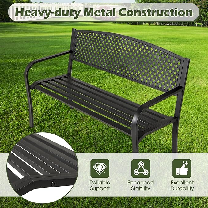 Giantex Metal Outdoor Bench with Mesh Pattern Backrest, Curved Armrests, Load 660Lbs, Slatted Seat for 2-3 Persons - Photo 6