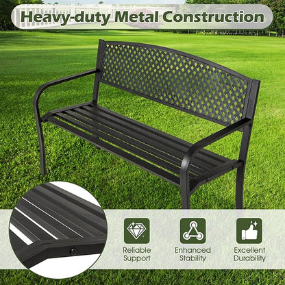 Giantex Metal Outdoor Bench with Mesh Pattern Backrest, Curved Armrests, Load 660Lbs, Slatted Seat for 2-3 Persons, Heavy-Duty Garden Bench for Patio, Backyard, Poolside, Porch, Park (50"×24"×33.5")