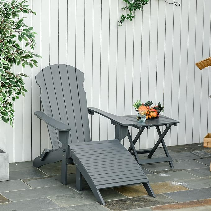 Outsunny 3-Piece Folding Adirondack Chair with Ottoman and Side Table, Outdoor Wooden Fire Pit Chairs w/High-Back, Wide Armrests for Patio, Backyard, Garden, Lawn Furniture, Gray