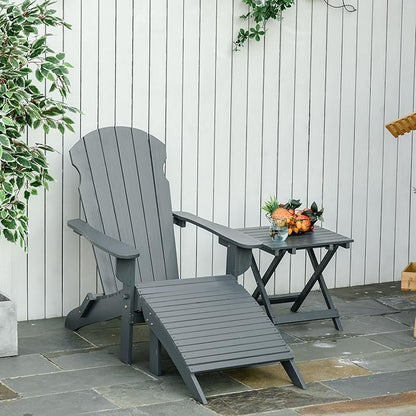 Outsunny 3-Piece Folding Adirondack Chair with Ottoman and Side Table, Outdoor Wooden Fire Pit Chairs w/High-Back, Wide Armrests for Patio, Backyard, Garden, Lawn Furniture, Gray