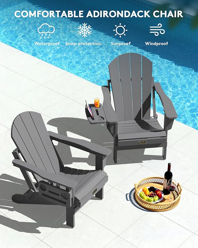 SERWALL Folding Adirondack Chair Set of 4, Outdoor Adirondack Chairs with 4 in 1 Cup Holder, Wood Texture Patio Chairs - Photo 9
