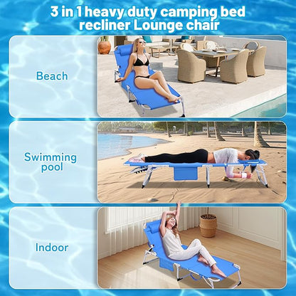 3-in-1 Oversized Sun Tanning Chair with Mat & Face Hole, Heavy Duty Folding Chaise Lounge - 5-Position Adjustable Outdoor Chair for Beach, Pool, Patio, Lawn, Yard - Includes Pillow (Blue)