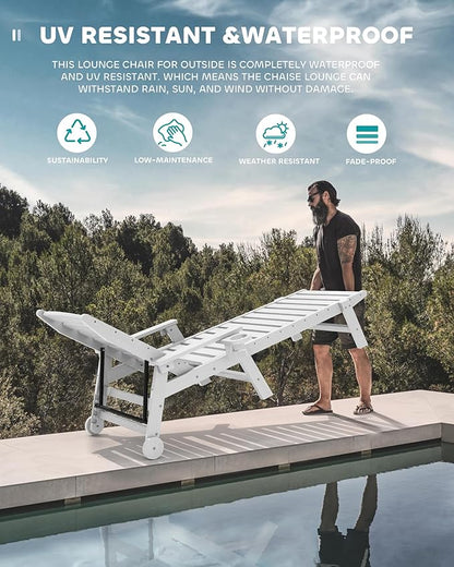 SERWALL Patio Chaise Lounge Chair, 78'' Long HDPE 5 Positions Adjustable Outdoor Lounger, Poly Lounge Chair with Rolling Wheels & Cup Holder for Pool, Space Gray