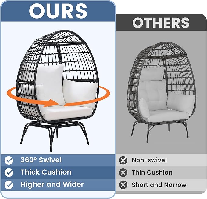 Oversized 360° Swivel Rattan Egg Chair for Adult, Indoor Outdoor Patio Large Wicker Egg Chair with Overstuffed Cushions, 440lb Weight Capacity, Black Rattan with Beige Cushion