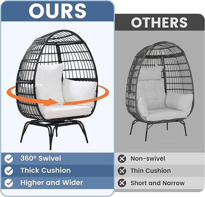 Oversized 360° Swivel Rattan Egg Chair for Adult, Indoor Outdoor Patio Large Wicker Egg Chair with Overstuffed Cushions, 440lb Weight Capacity, Black Rattan with Beige Cushion