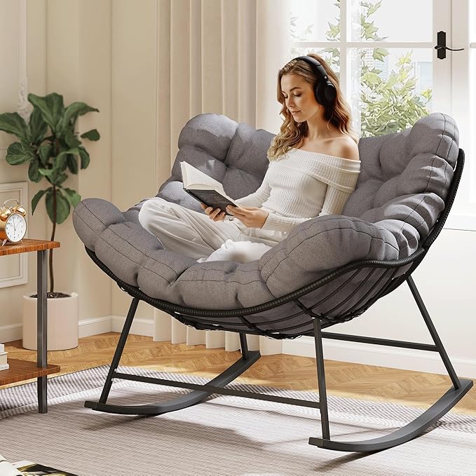 Kromax Oversized Outdoor Papasan Rocking Chair, Wicker Egg Chair Rocker for Outside, Comfy Patio Rocker, Large Indoor Rocking Recliner, Modern Egg Style, Grey