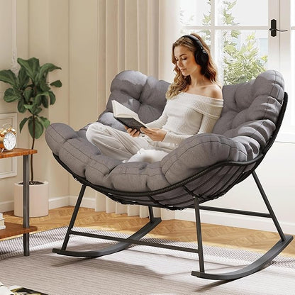 Kromax Oversized Outdoor Papasan Rocking Chair, Wicker Egg Chair Rocker for Outside, Comfy Patio Rocker, Large Indoor Rocking Recliner, Modern Egg Style, Grey