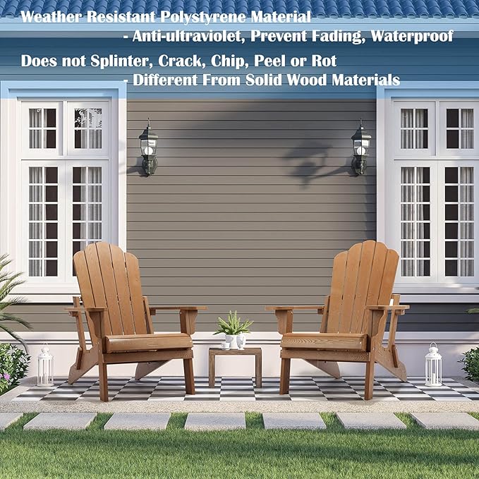 hOmeHua Folding Adirondack Chair, HIPS Foldable Adirondack Chairs Weather Resistant, Plastic Outdoor Chair for Patio, Backyard Deck, Fire Pit Lawn Porch (Wood Color)