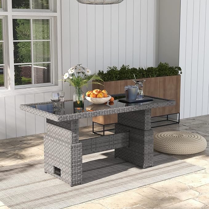 SUNSITT Outdoor Patio Lift Dining Table, Rectangle Patio Coffee Table with Glass Tabletop, Wicker Furniture Multi-Function Dining Table for Backyard, Deck, Garden, Grey
