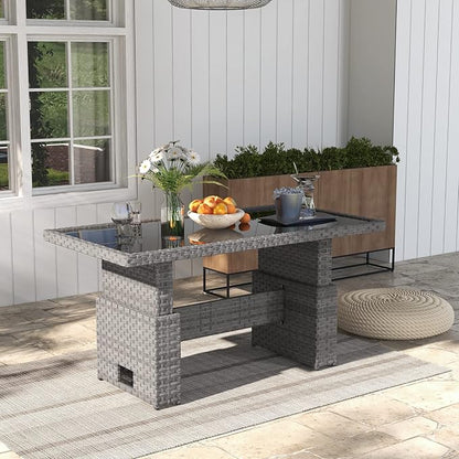SUNSITT Outdoor Patio Lift Dining Table, Rectangle Patio Coffee Table with Glass Tabletop, Wicker Furniture Multi-Function Dining Table for Backyard, Deck, Garden, Grey