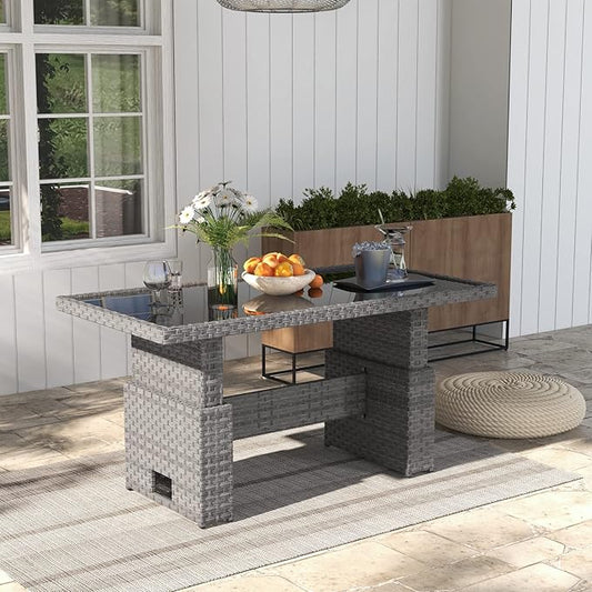SUNSITT Outdoor Patio Lift Dining Table, Rectangle Patio Coffee Table with Glass Tabletop, Wicker Furniture Multi-Function Dining Table for Backyard, Deck, Garden, Grey
