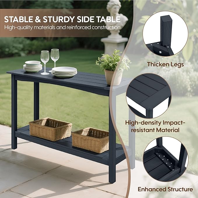 Weatherproof HIPS Outdoor Console Table, 48'' 2-Shelf Side Table Indoor/Outdoor Use, Multifunctional Buffet Table Bar Storage Organizer for Entryway,Yard, Outside Plant Stand Table, Black