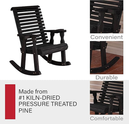 Amish Heavy Duty 600 Lb Roll Back Pressure Treated Rocking Chair with Cupholders (Semi-Solid Black Stain)