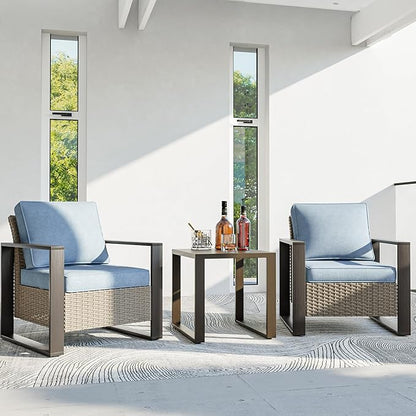 3 Piece Patio Chair Set, Outdoor Wicker Chair and Side Table, Metal Patio Furniture with Deep Seating, Thicken Cushions for Deck, Porch, Yard Use (Azure, 3 PCS/Chairs)