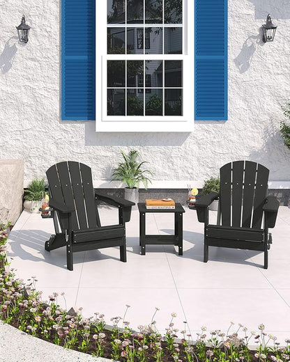 Garvee Folding Adirondack Chair, HDPE Outdoor Patio Chair with Cup Holder, All Weather Resistent Wooden Textured for patios, Decks, Gardens, fire Pit, Black