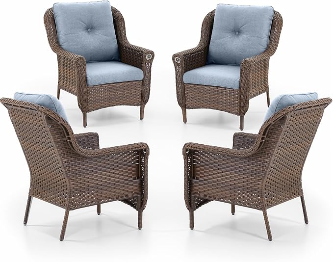 Patio Wicker Chairs Outdoor Furniture Chair - Set of 4 Outside All Weather Lawn Dining Brown Rattan Armchair with High - Photo 1