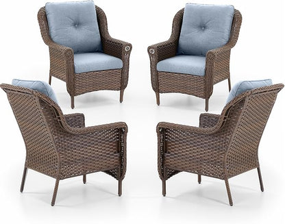 Patio Wicker Chairs Outdoor Furniture Chair - Set of 4 Outside All Weather Lawn Dining Brown Rattan Armchair with High Back&Deep Seating for Deck Porch Balcony Backyard Garden - Baby Blue