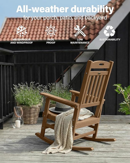YEFU Outdoor Rocking Chair Porch: Plastic Rocking Chairs for Outside, Weather Resistant for Patio, Waterproof, Rock smoothly, Teak