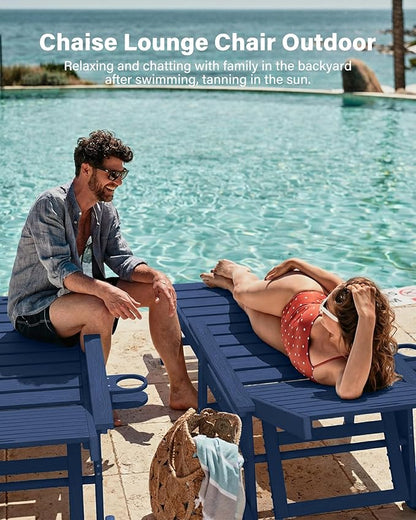 YEFU Lounge Chair Outdoor Set of 4: Outdoor Chaise Lounge with 5-Level Adjustable Backrest, Cup Holders & Wheels, All-Weather Resistance Chaise Lounge for Outside/Patio/Beach/Deck, Navy Blue