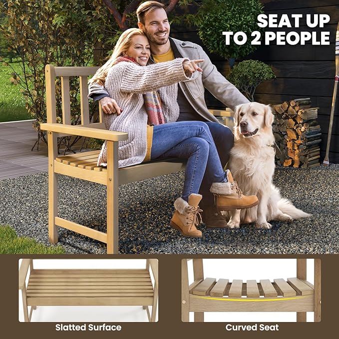 Tangkula Outdoor Teak Wood Garden Bench, 2-Person Patio Bench with Backrest and Armrests, Patio Garden Bench with Slatted Seat for Porch, Lawn, Balcony and Backyard