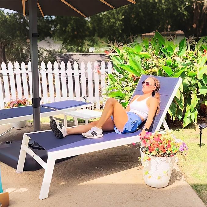 PURPLE LEAF Outdoor Oversized Chaise Lounge Set for Tall & Strong Individuals Adjustable Recliner Extra Wide Lounge Chairs with Side Table for Poolside Beach Patio Aluminum Chaise Lounger Navy Blue