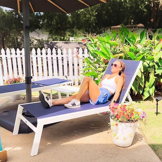 PURPLE LEAF Outdoor Oversized Chaise Lounge Set for Tall & Strong Individuals Adjustable Recliner Extra Wide Lounge Chairs with Side Table for Poolside Beach Patio Aluminum Chaise Lounger Navy Blue