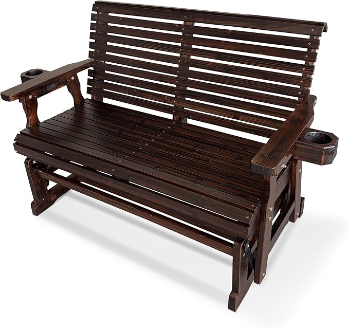 Fortune Candy Patio Glider with Cup Holders, High Roll Back and Deep Contoured Seat,Heavy Duty 800 Lb (Deep Brown, 2-Seater)