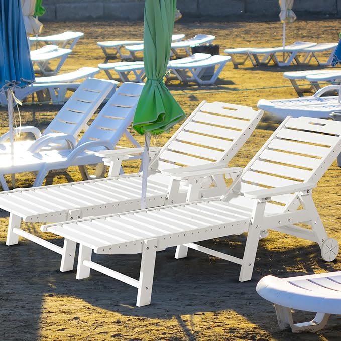 VINGLI HDPE Outdoor Chaise Lounge Chair Set of 2 with Wheels, Patio Lounge Chairs with 5-Position Adjustable Backrest - Photo 1