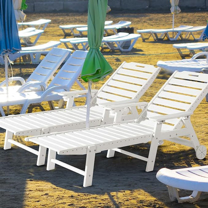 VINGLI HDPE Outdoor Chaise Lounge Chair Set of 2 with Wheels, Patio Lounge Chairs with 5-Position Adjustable Backrest, Chaise Lounge for Outside Pool Poolside Deck Backyard Lawn (White, 2 PCS)