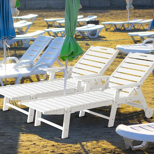 VINGLI HDPE Outdoor Chaise Lounge Chair Set of 2 with Wheels, Patio Lounge Chairs with 5-Position Adjustable Backrest, Chaise Lounge for Outside Pool Poolside Deck Backyard Lawn (White, 2 PCS)