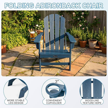 FUNBERRY Folding Adirondack Chair, HDPE Stable Gun-Leg Design Fire Pit Chairs with Cupholder All Weather for Outside